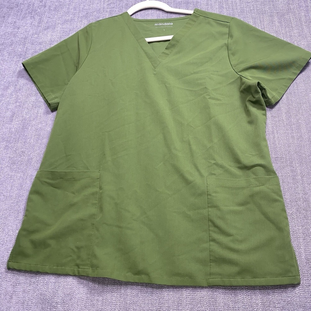 Mandala Equa-Tek Scrubs Top Womens Large Olive Green V Neck Medical Uniform